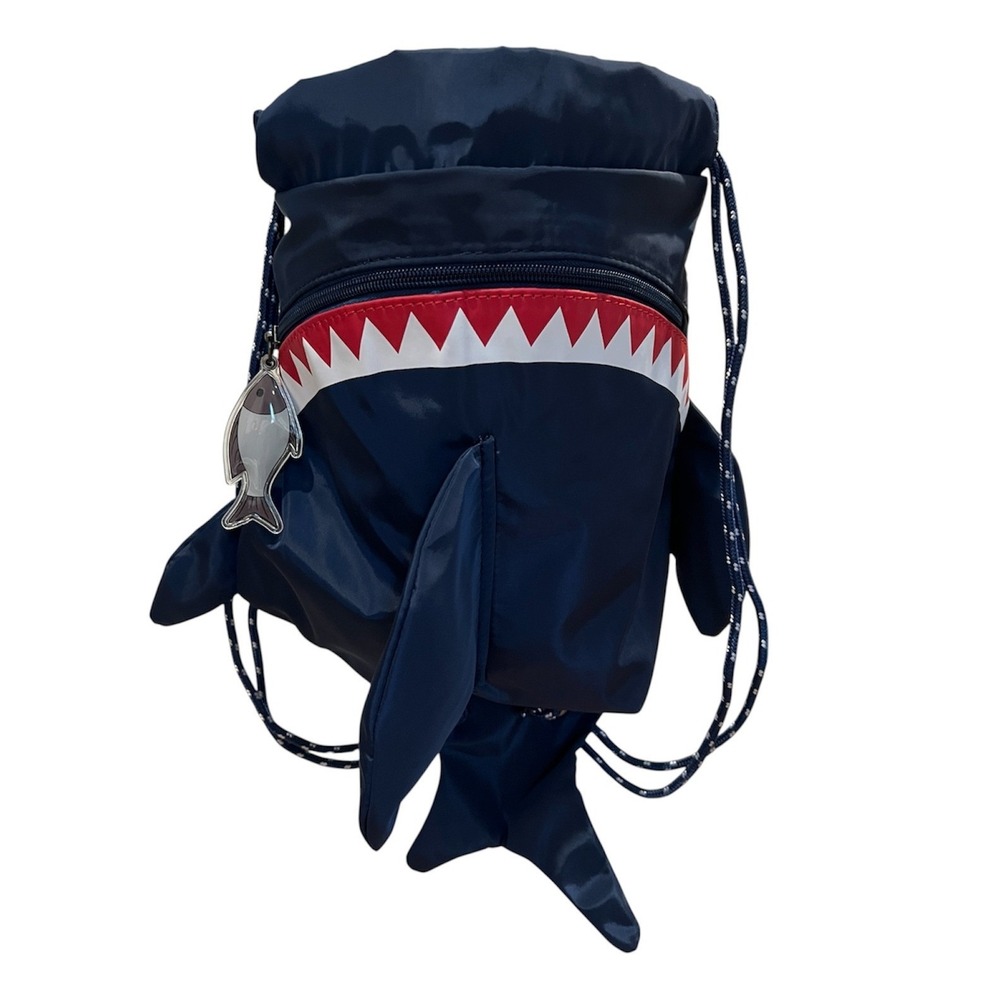 Cat and Jack Shark Drawstring Backpack OS Navy Blue NWT 3D Fins Fish Zipper Pull